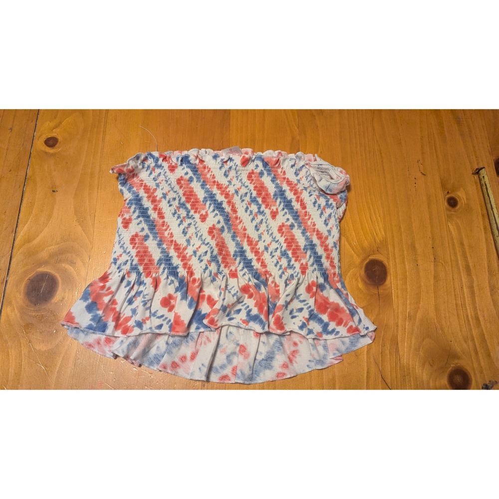 No Boundaries Smocked Tube‎ Top Ruffle Hem Tie Dye Red White Blue XL 15-17